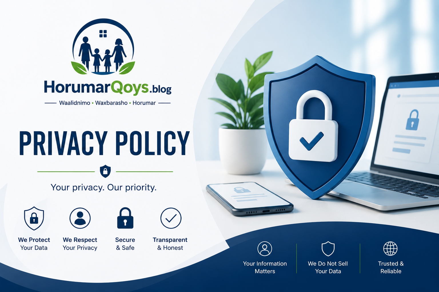 Privacy Policy page for HorumarQoys.blog showing data protection and online privacy illustration